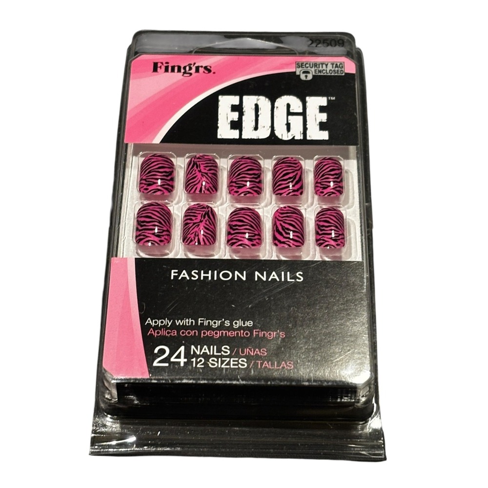 Fing'rs Edge Fashion Nails in a pink and black zebra animal print.